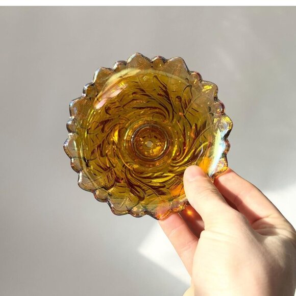 Pair of Indiana Glass Carnival Iridescent Glass Amber Vintage MCM Candle Holders - Picture 1 of 10